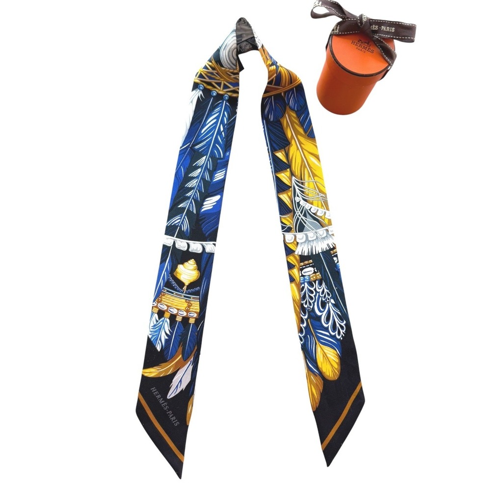 Hermes Silk Twilly Scarf Feathers Blue Gold Noir w/ Box Made in France